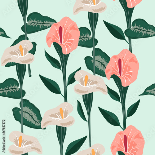 Pattern with lilies on a blue background in a trendy style. Contemporary wallpaper design and fabric print. Vector stock illustration. Seamless. Plants and flowers