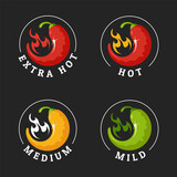 Spice level marks - extra, hot, medium, mild. Emblem of spicy hot red chili pepper with flame. Design element for labeling dishes, packaging, food. Vector illustration