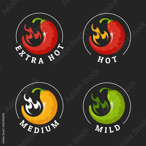 Spice level marks - extra, hot, medium, mild. Emblem of spicy hot red chili pepper with flame. Design element for labeling dishes, packaging, food. Vector illustration photo