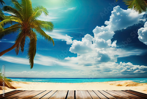 Summer background with palm leaves  sea and beach created with AI