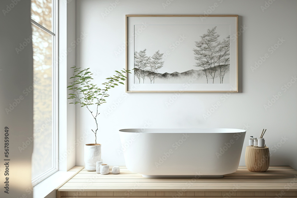 Blurred background, japandi minimalist bathroom. Bathtub and wooden washbasin. Panoramic view, wall mockup. Farmhouse interior design, 3d illustration. Generative AI