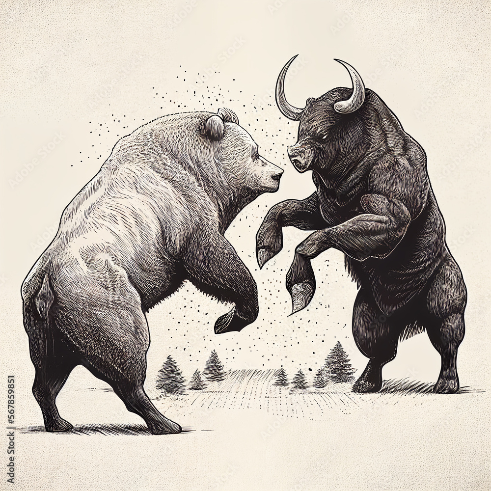 Battle duel of bull and bear, black and white illustration, engraving ...