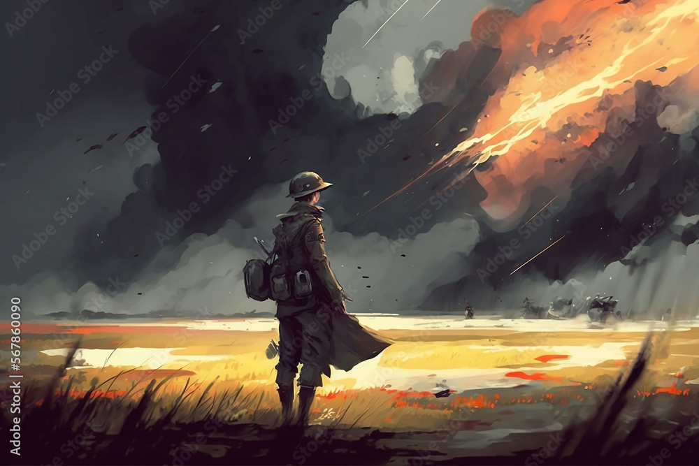 SOLDIER STANDING IN THE BATTLEFIELD AFTER THE END OF WAR ILLUSTRATION