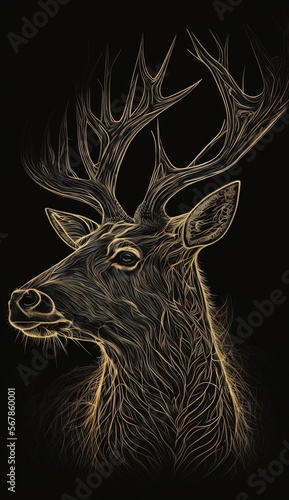 a drawing of a deer with no antlers on it s head and branches on its back  standing in the snow  with a complete black background. Generative AI