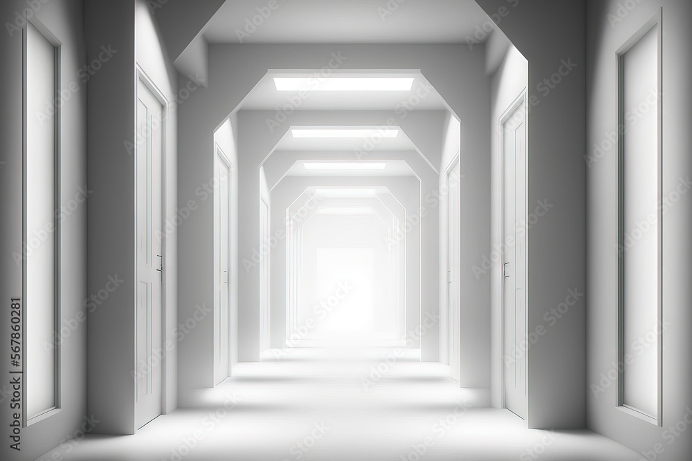 Background of building hallway in white blur (corridor). Generative AI