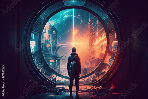 Man staying near the giant mystic ring. Man in the dystopian city standing on building looking at the distant light circles, Digital art style, illustration painting