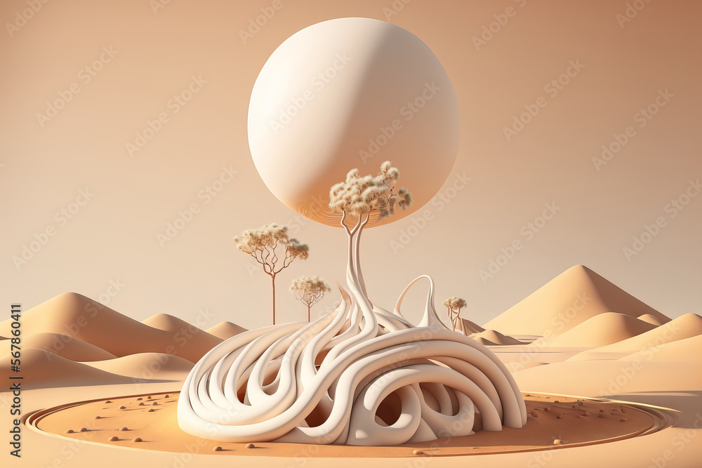 Unrealistic Desert Scene With Podium And A White Hemisphere Surrounded Unrealistic Desert Scene With Podium And A White Hemisphere Surrounded