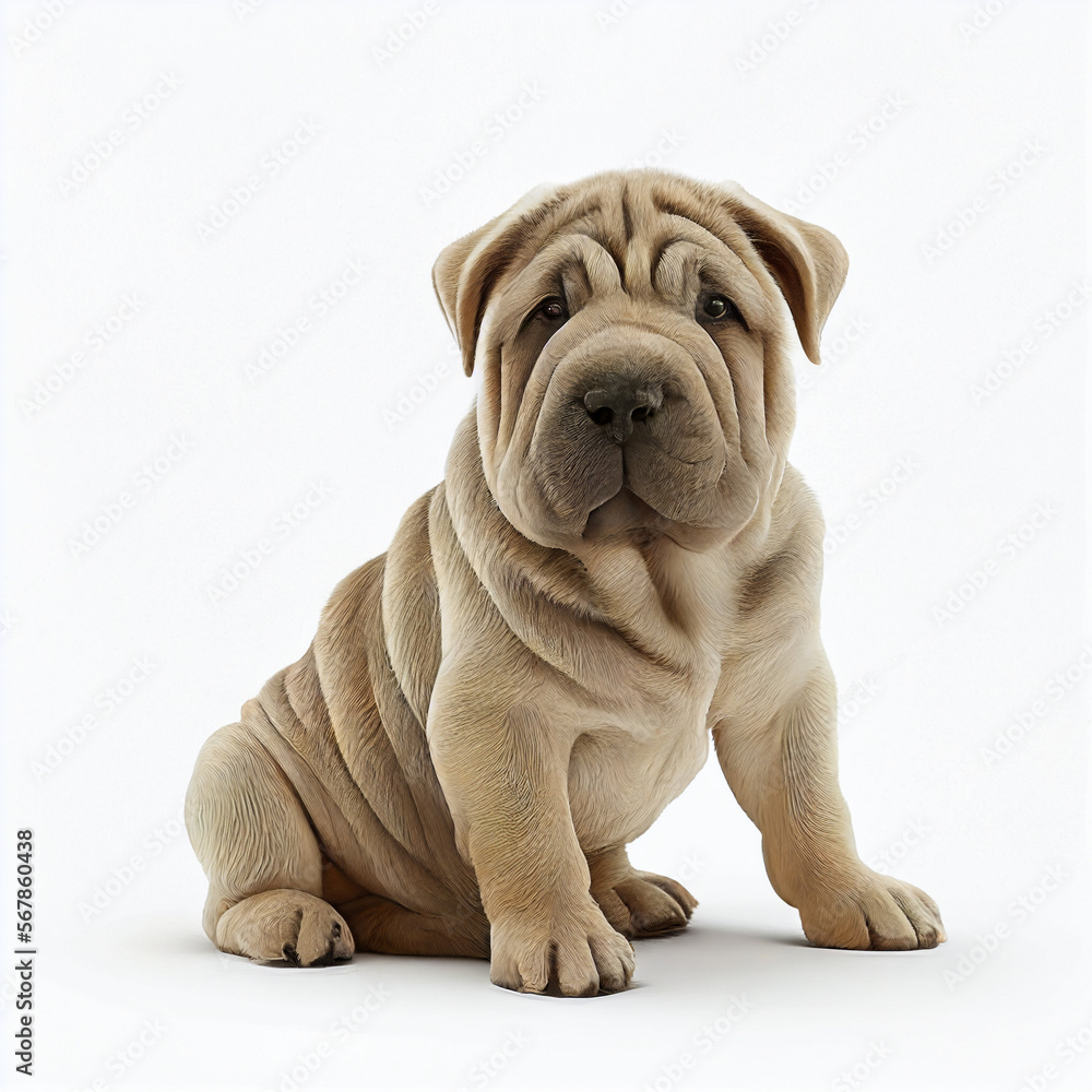 Shar pei puppy of fawn cream color isolated on white close up. Lovely cute dog of unusual appearance
