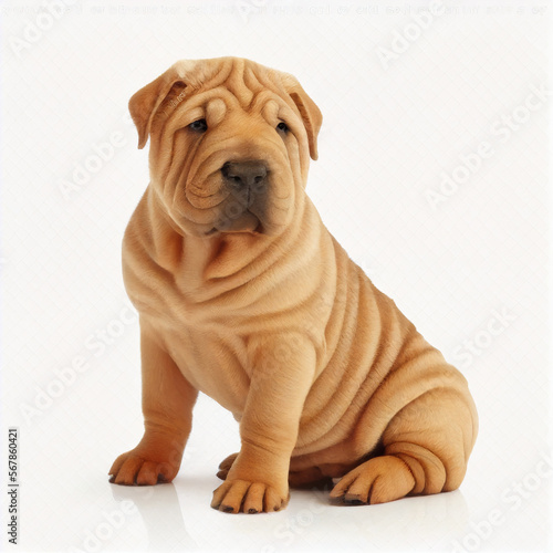 Shar pei of yellow cream color isolated on white close up. Lovely cute dog of unusual appearance  © catocala