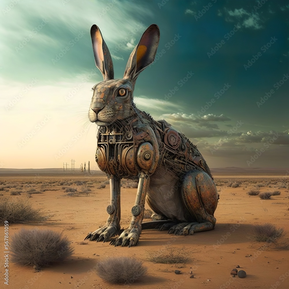 robot rabbit bunny in desert sit big ears blue sky clouds grass dry ...