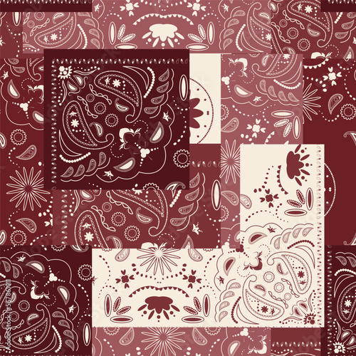 Red bandana kerchief paisley fabric patchwork abstract vector seamless pattern