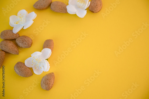 Happy Easter. Minimal composition made with almond blossom and almonds on yellow background with space for text. Greeting card concept for spring, easter, mother's day festive moments. photo