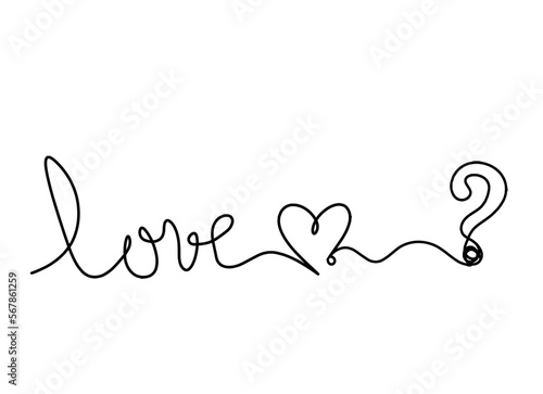 Calligraphic inscription of word "love" and question mark as continuous line drawing on white background