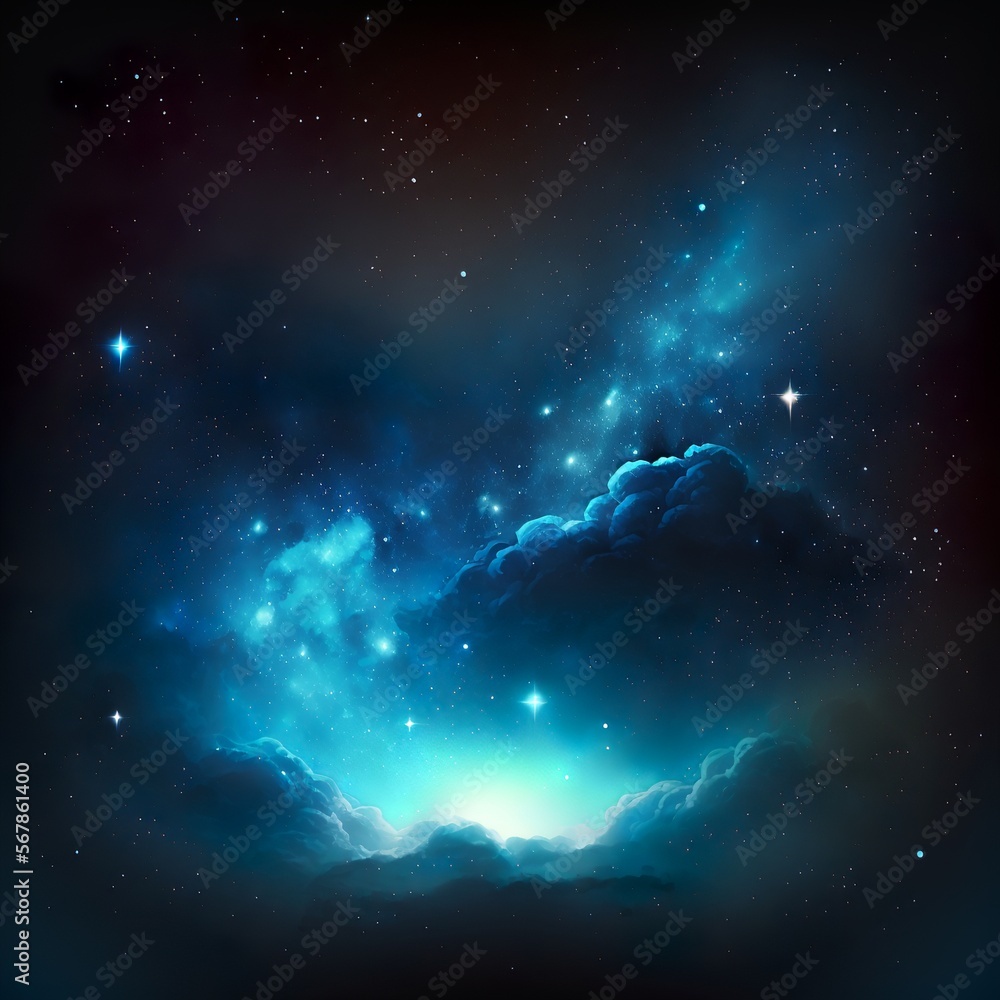 Fototapeta premium Blue beautiful universe night sky starry sky background illustration material stars mist mysterious lights space Generativ AI