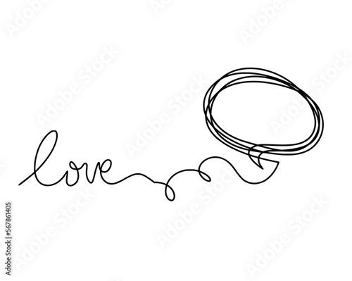 Calligraphic inscription of word "love" and comment as continuous line drawing on white background