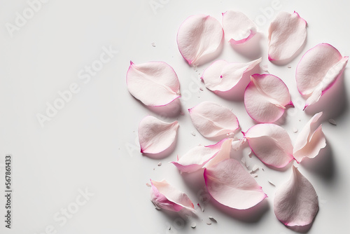 white backdrop with pink rose petals. Generative AI