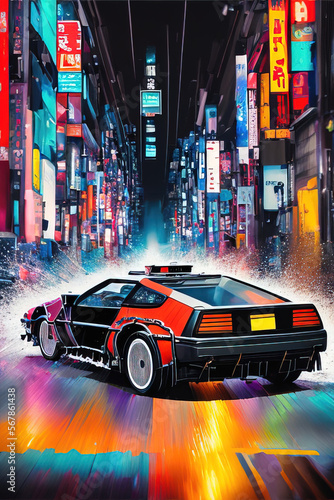80's futuristic car in colored neon city