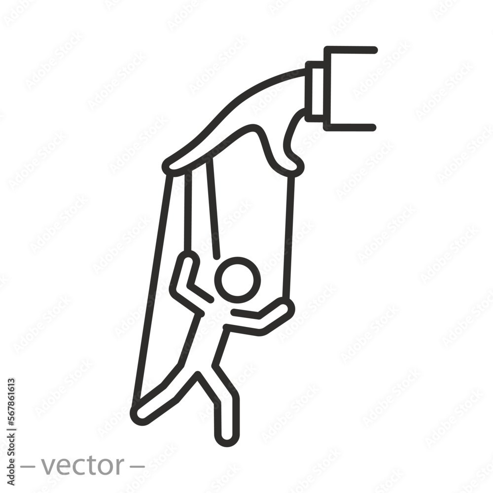 hand controlling puppet icon, manipulation puppeteer authority, social influence, thin line symbol on white background - editable stroke vector illustration eps10 hand controlling puppet icon, manipulation puppeteer authority, social influence, thin line symbol on white background - editable stroke vector illustration eps10