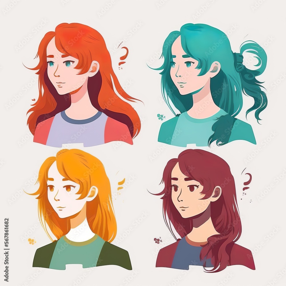 Different hair girls stand side by side together. Flat vector illustration hairdressing salon crissors cutter professional model Generativ AI Different hair girls stand side by side together. Flat vector illustration hairdressing salon crissors cutter professional model Generativ AI