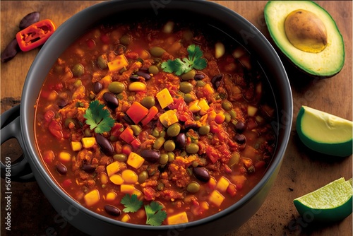 Hearty vegetarian chili, concept of Vegetable Stew and Plant-Based Protein, created with Generative AI technology