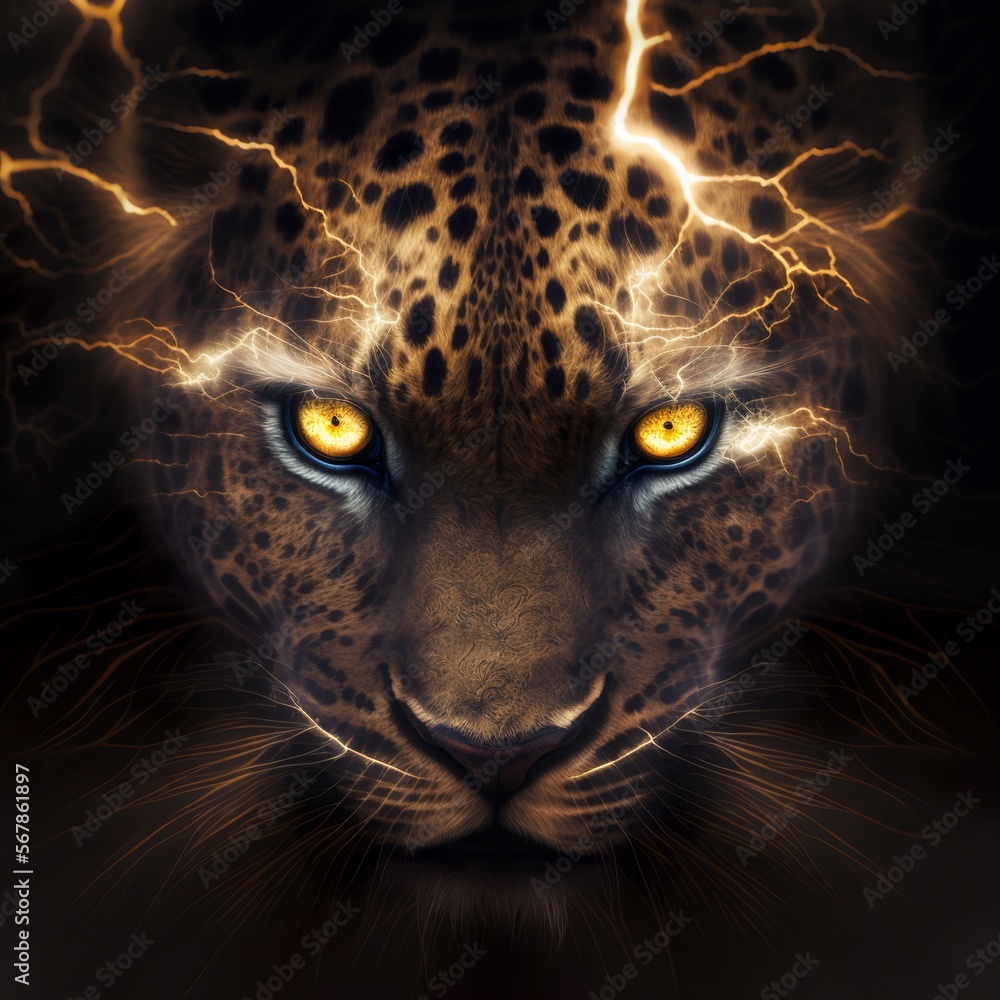 in dark just a lightning angy wildanimal eyes, scary leopard lion big cat looks straight in the face black background dont escape jaguar portrait run yellow nose jungle predator life Generating AI