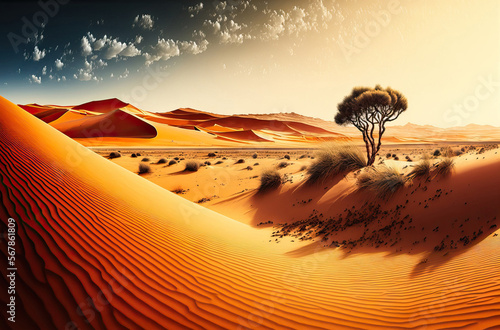 a panoramic view of dunes on a sandy desert, dunes in the sky,. Generative AI