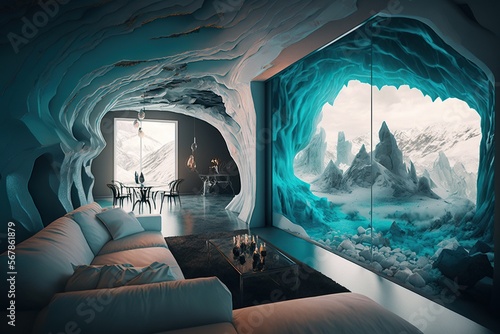 Modern luxury apartment in ice cave, concept of Futuristic Design and Arctic Aesthetics, created with Generative AI technology