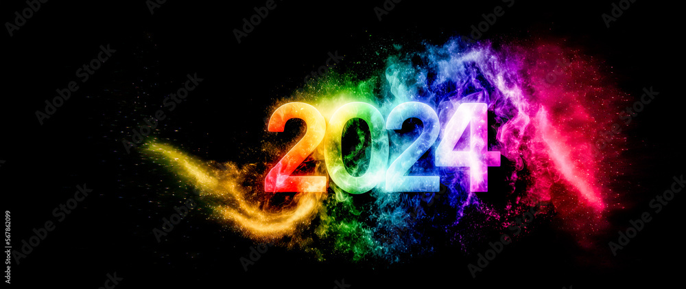 New year 2024 rainbow colorful bright lights on a black banner poster