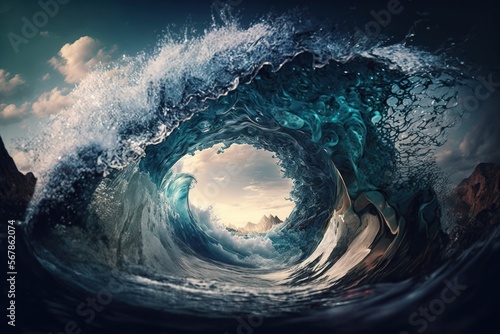collapsing ocean waves, concept of Perpetual ocean, Continuous Movement and Unending Cycle, created with Generative AI technology