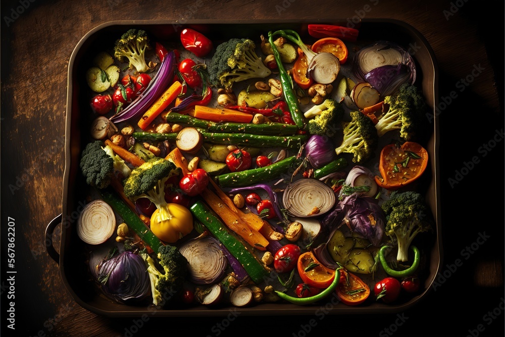 Roasted vegetable medley, concept of Cooked and Mixed, created with Generative AI technology