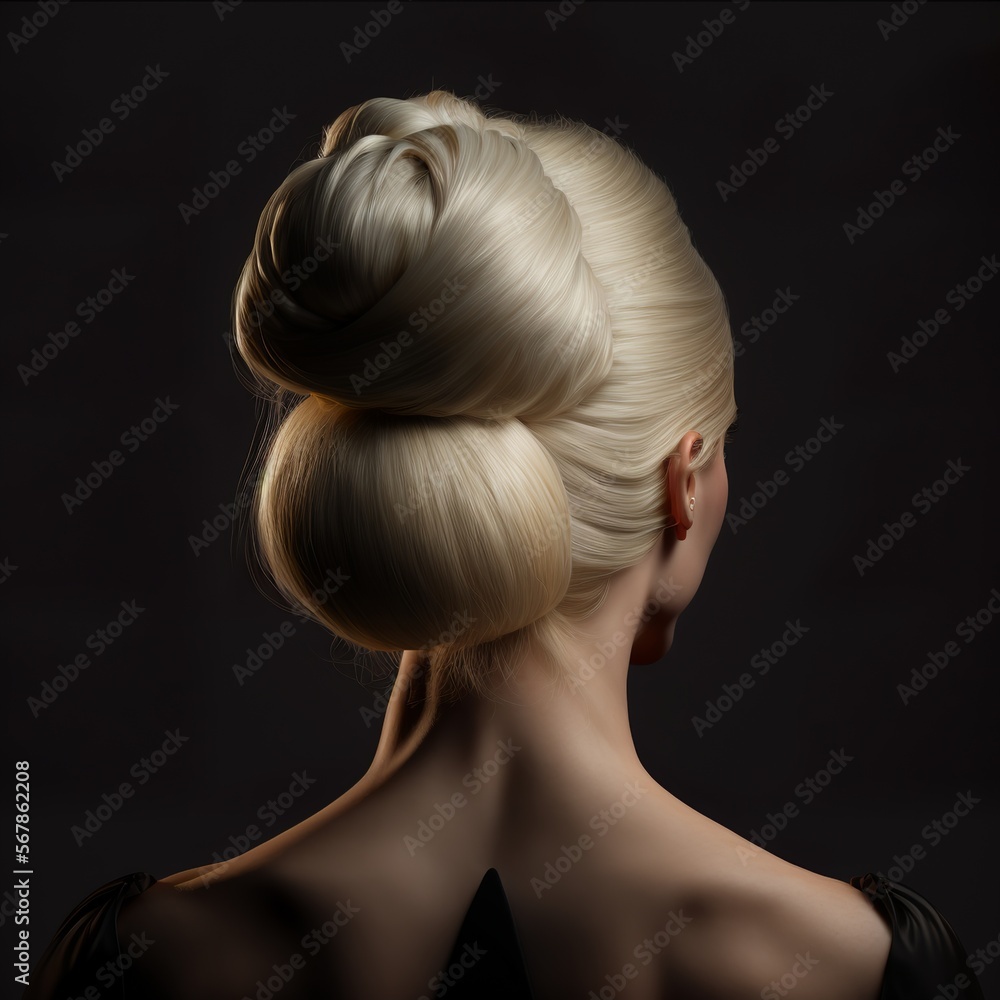 Obraz premium professional blonde bun model back view with black background crissors beauty cool modern design style woman girl hairdressing salon sample hair beautiful lady head naked Generativ AI