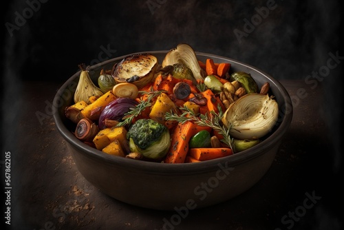 Roasted vegetable medley, concept of Cooked and Mixed, created with Generative AI technology