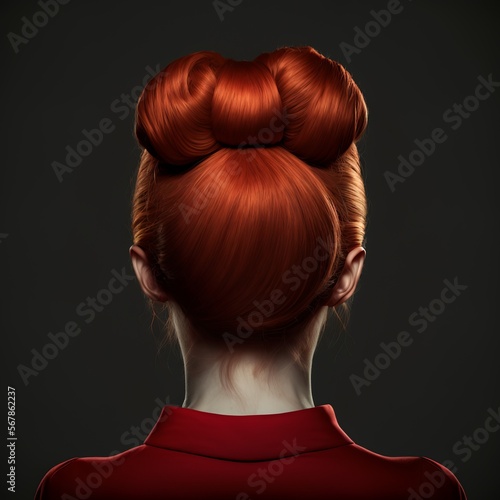 professional red hair bun model back view with black background and bow in hair crissors hairdresser salon style fashion design sample beauty shimmy glamour elegant Generativ AI