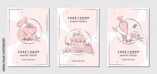 Cake shop logo. Set of design sample for pastry and bread shop, cooking, dessert, sweet products. Vector illustration for poster A4, banner, menu, advertising.