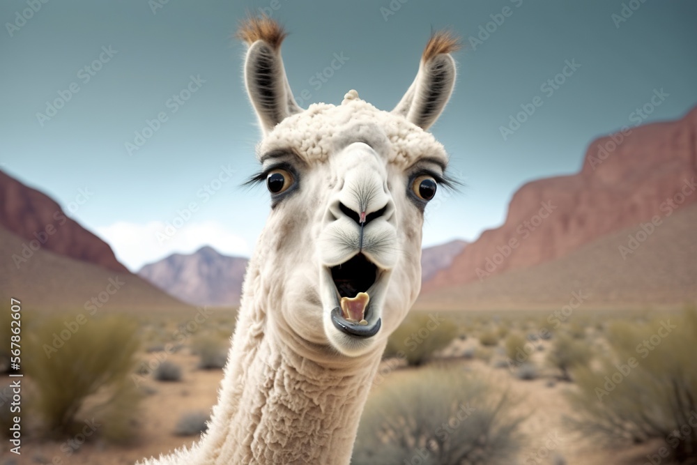 Surprised lama, concept of Startled and Amazed, created with Generative AI technology