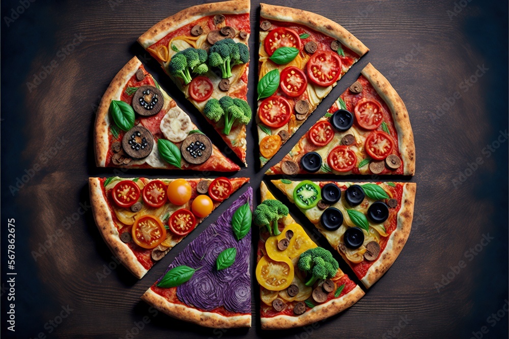 Vegan pizza with colorful toppings, concept of Vegetarian and Plant-based, created with Generative AI technology