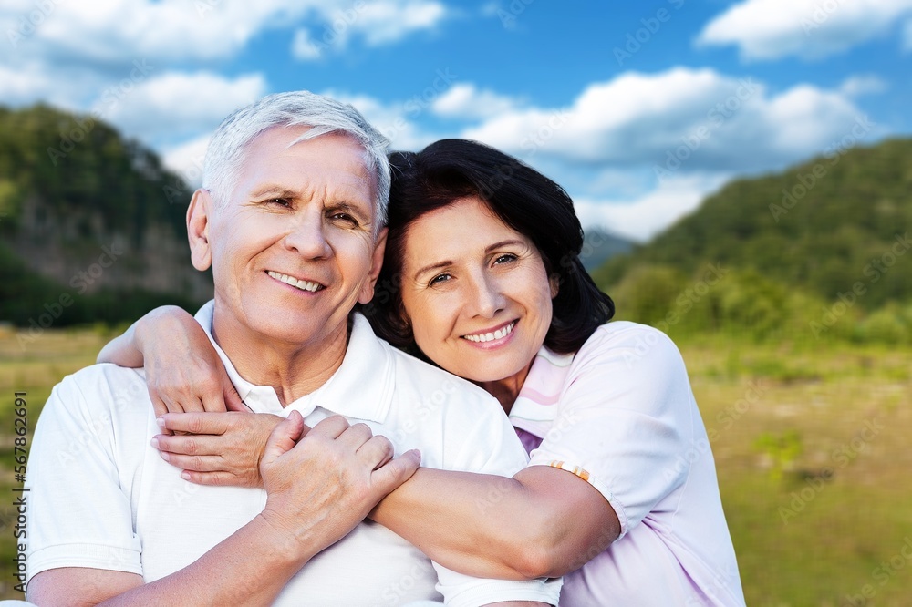 Obraz premium Mature old couple happy outdoors at farm