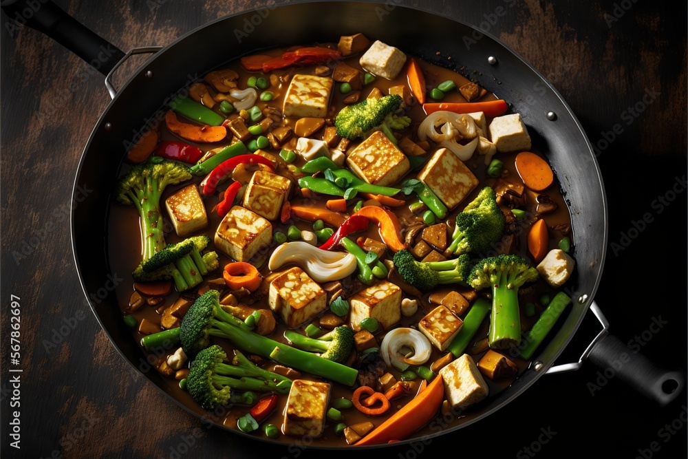 Vegetarian stir-fry with tofu and vegetables, concept of Healthy Eating and Plant-Based Diet, created with Generative AI technology Vegetarian stir-fry with tofu and vegetables, concept of Healthy Eating and Plant-Based Diet, created with Generative AI technology