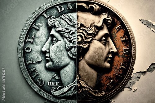 Two sides of a coin, concept of Duality and Balance, created with Generative AI technology photo