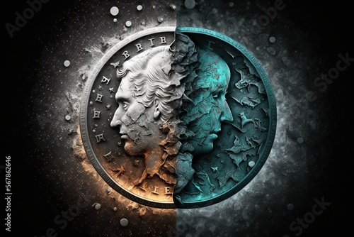 Two sides of a coin, concept of Duality and Balance, created with Generative AI technology