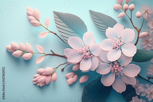 Soft and gentle pink flowers on pastel blue background  flat lay  Generative Ai