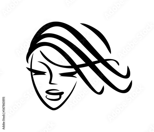 Hair cut logo. Hairstyle barbershop icon. The face of a beautiful lady. Curls woman.