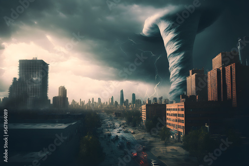 Tornado storm in city center with dark sky and bad weather. Neural network generated art photo