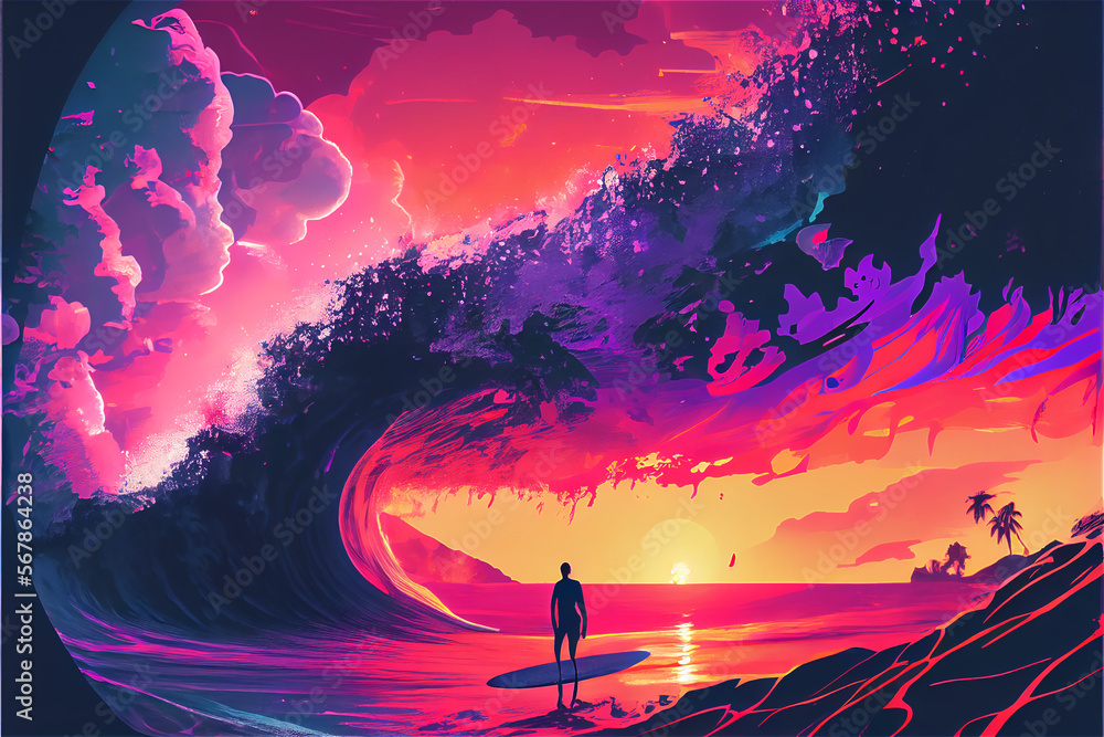 Fototapeta premium Aesthetic surf background cartoon style with sunrise colors, generative AI