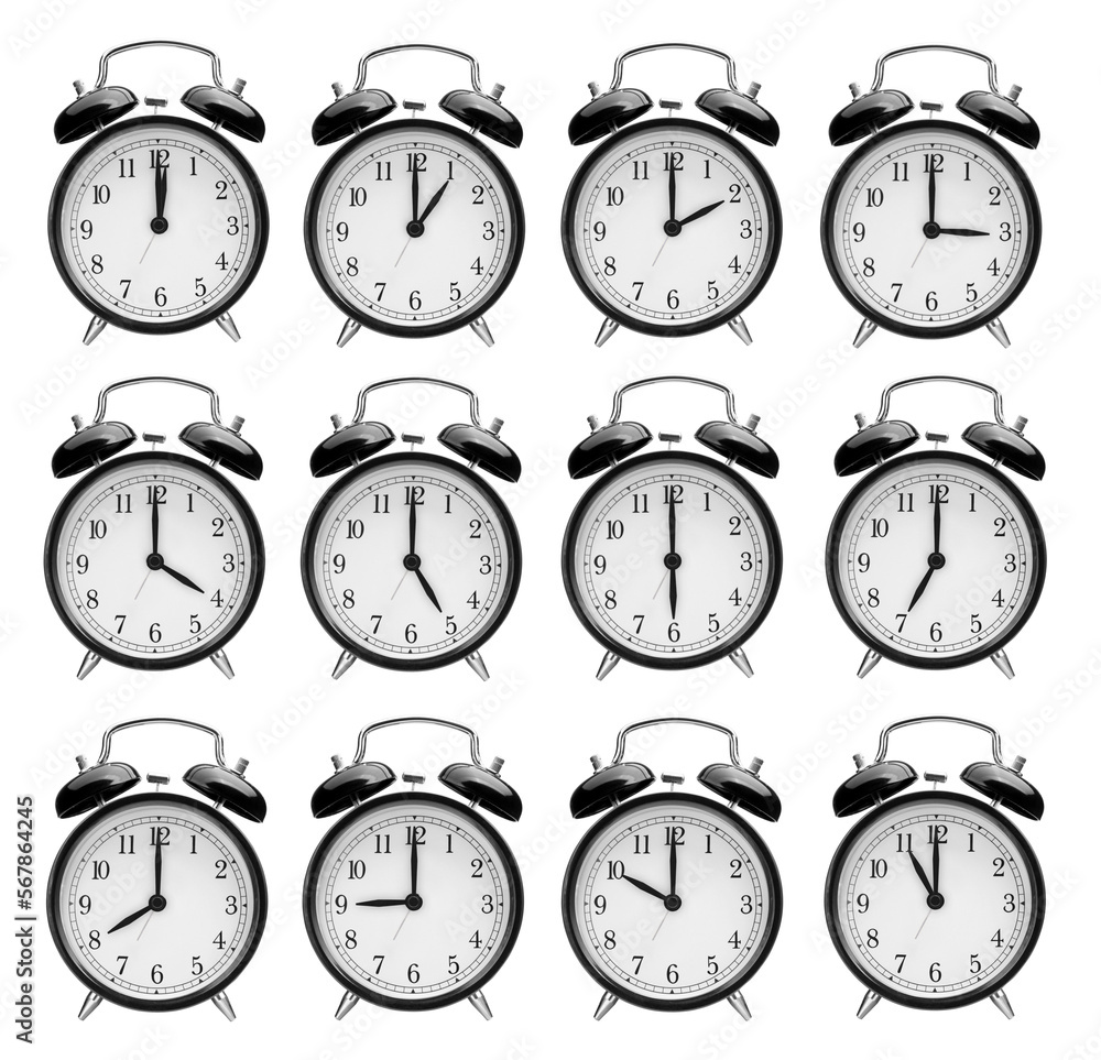Set of alarm clocks with another times isolated Set of alarm clocks with another times isolated