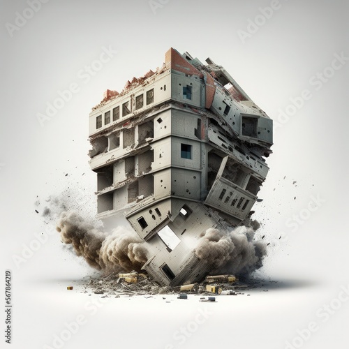 Fotografie, Tablou A residential building being demolished through controlled explosives isolated o