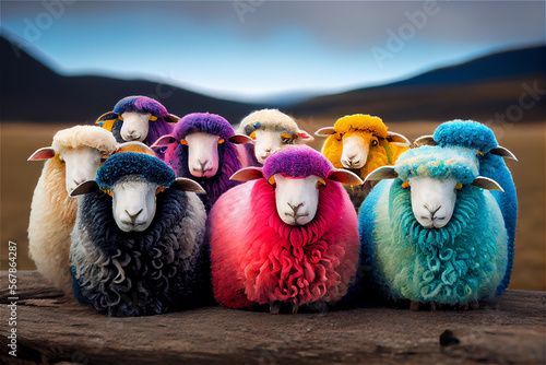 Herd of multicolored sheep ...