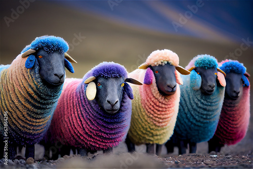 Herd of multicolored sheep ...