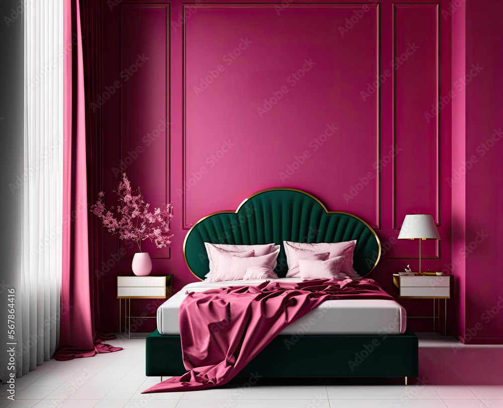 Viva magenta trendy color year 2023 in the premium bedroom. Painted mockup wall and velor