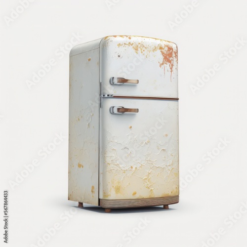 Retro vintage old 1950s refrigerator with rust isolated on a white background, generative ai